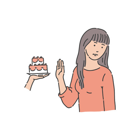 Vector young woman refuses eating piece of cake with stop hand gesture. Female character says no to sweets. Dieting and healthy lifestyle of young girl.のイラスト素材