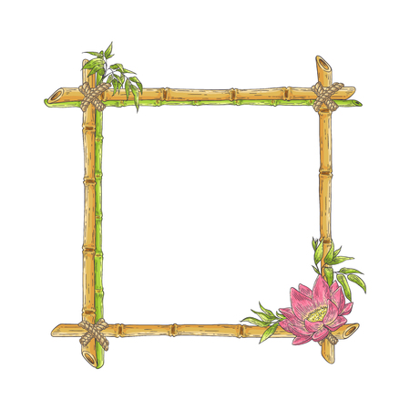 Vector bamboo frame with lotus flower, abstract green plants and leaves. Traditional chinese, eastern culture decoration with copy space. Sketch wooden sicks binded by rope. Asian design background.