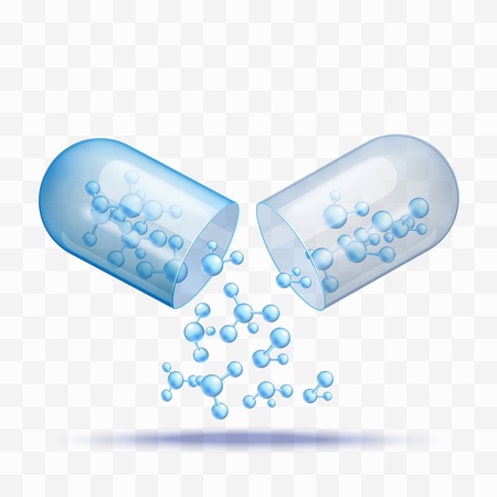 Open capsule pill with falling out blue molecules in realistic style isolated on transparent background - vector illustration of medicine with components for pharmacy and healthcare concept.のイラスト素材