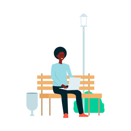 African-American man is sitting with laptop on park bench cartoon style, vector illustration isolated on white background. Freelance guy is working on computer outdoorのイラスト素材