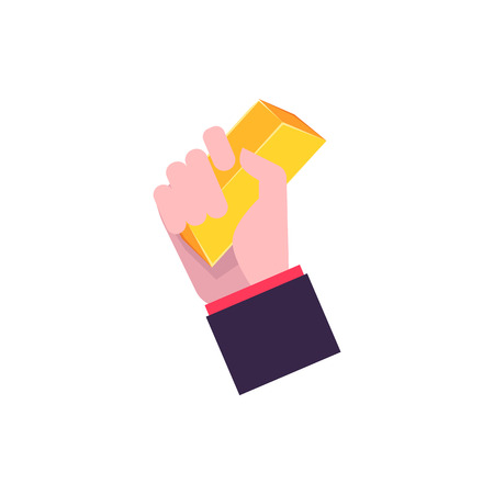 Hand in flat style holds a gold bar, ingot, bullion. Gold bar and ingot in hand as a stage of money evolution, isolated vector illustration on white background.のイラスト素材