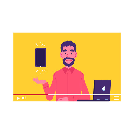 Vector gadgets review blogger in monitor screen overviewing new smartphone or tablet. Man technologies reviewer, tech blogger concept. Male youtuber bloggingのイラスト素材