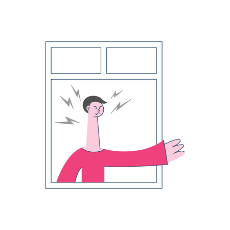 Vector angry young man with irritated facial expression pointing out by hand looking out of the window with lightings around head. Male unhappy character and threatening gesture. Frustrated neighbourのイラスト素材