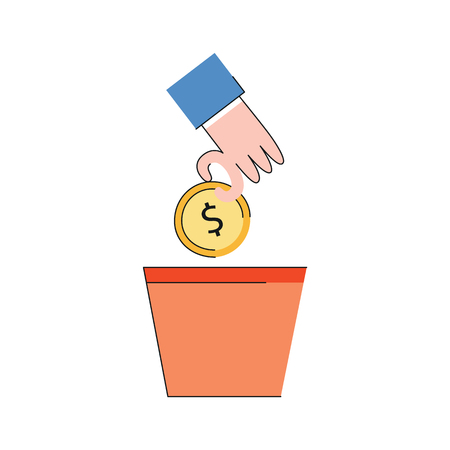 Vector investment concept with hand planting seed of tree in ceramic pot. Business planning and profit symbolのイラスト素材