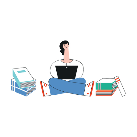 Vector happy teen girl student sitting legs crossed typing at laptop with textbooks pile near. Cheerful smiling female character for school, university or college education design.のイラスト素材
