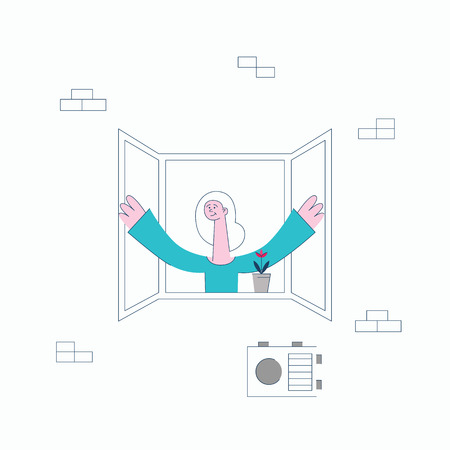 Vector female neighbour character opening window shutters greeting with smile at face with flower in pot at windowsill. Flat happy woman at her appartments windows.のイラスト素材