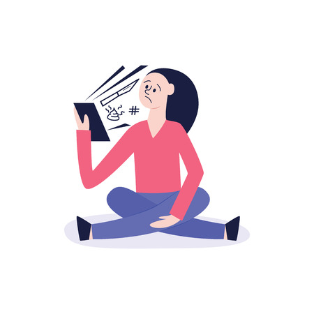 Vector concept of bullying and teenage harassment. Lonely teen girl sitting legs crossed with sad depressed face with negative messages from tablet laughing, humiliating.のイラスト素材