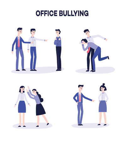 Vector office bullying and harassment concept set. Angry male, female colleagues pointing out mocking sad depressed lonely employee intimidating. Corporate humiliation and violence.のイラスト素材