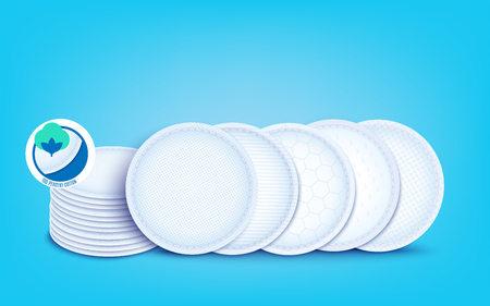 Set of diffrent cotton layers for cotton pads and disks, nursing pad and sanitary napkin. Hypoallergenic and absorption soft liners, 3d realistic vector illustration on blue background.のイラスト素材
