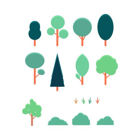 Vector abstract trees and bushes collection for landscape creation. Woods, forests, parks and gardens decoration design elements. Green nature objects for environment decor.のイラスト素材