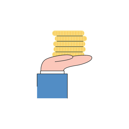 Vector business man hand in suit holding golden coins icon. Symbol of money, banking, finance business and investment. Isolated illustrationのイラスト素材