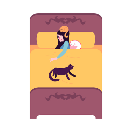Vector happy woman lying in bed surrounded by cute cats. Attractive young girl with her adorable feline pet. Cute pussycat animal owner with kitty sitting at her head at pillowのイラスト素材