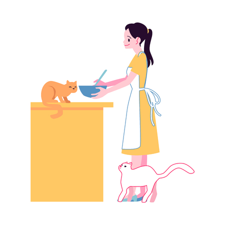 Vector cheerful woman in apron cooking at kitchen surrounded by lovely cats. Attractive young girl with her adorable feline pets. Cute pussycat animal owner cooks at home with catsのイラスト素材