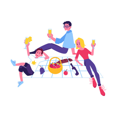 Vector cheerful man, women having picnic party outdoors together. Happy young guy, two girls drinking juice sitting in park. Smiling male, female characters having funのイラスト素材
