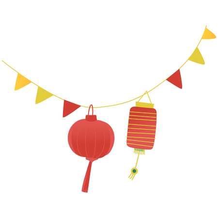 Vector festive paper lanterns, flags hanging on a string. Colorful decoration for traditional celebration. Chinese, eastern, indian or hawaian element for party design.のイラスト素材
