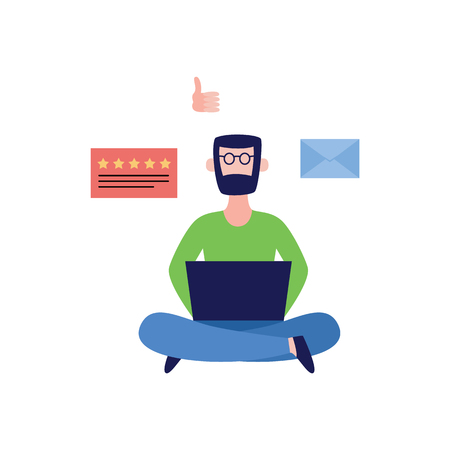 Client leaves feedback of the service on line and evaluation and mail icons. Customer service banner concept flat illustration isolated on the white background.のイラスト素材