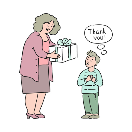 Vector well-behaved boy saying thank you to elderly woman giving present box to him. Good manners, politeness of male kid. Decenity and urbanity of children concept.