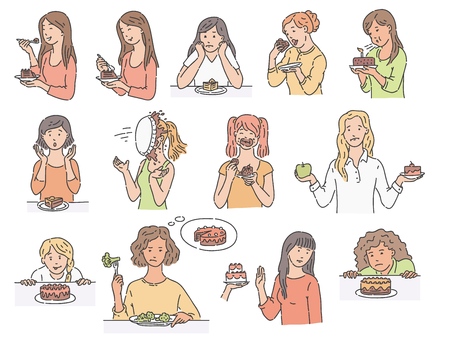 Set of female characters with dessert cake sketch style, vector illustration isolated on white background. Women with various emotions about eating unhealthy food in different situationsのイラスト素材