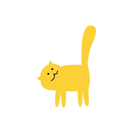Side view of cute yellow cat stands turning its head flat cartoon style, vector illustration isolated on white background. Pet kitten standing on four paws with tail up, domestic animalのイラスト素材