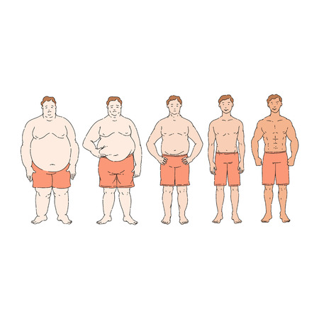 Fat loss diet progress from overweight to thin, obese person change into healthy slim weight over time. Comparison of line row of male people in different stages, vector illustration.のイラスト素材