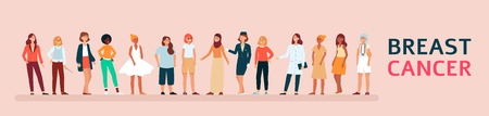 Diverse group of woman supporting breast cancer awareness, flat female vector illustration.のイラスト素材