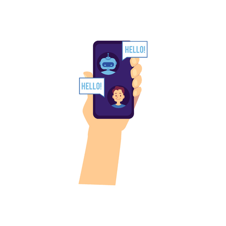 Vector hand holding smartphone with chat bot greeting young man saying hello with speech bubbles. Robot assisnat chatting. Artificial intelligence support in messengers. Chatterbot dialog with a manのイラスト素材