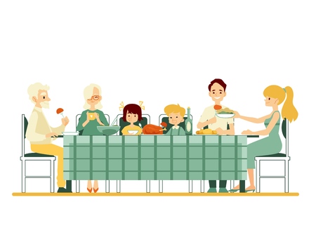 Grandparents, parents and children sitting together at the dinner table vector flat illustration isolated on white background. Family traditions and generations connection.のイラスト素材