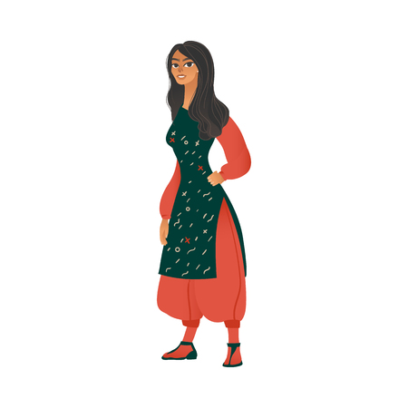 Vector beautiful young woman in gypsy costume. Romanian style outfil cute girl standing smiling cartoon icon. Happy female character in national clothing.のイラスト素材