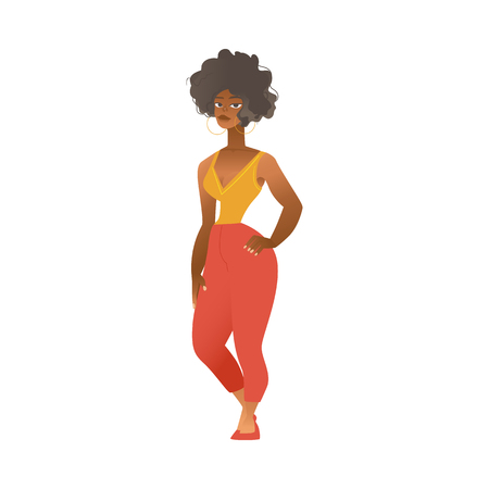 Vector cute african american woman with curly hairstyle standing smiling in red pants wearing golden ring earrings. Beautiful black girl on fashionable outfit. Happy female character cartoon icon.のイラスト素材