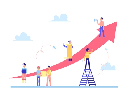 Scrum task board the strategy of business management for the team duties with people characters and pointing arrows isolated on white background flat vector illustration.のイラスト素材