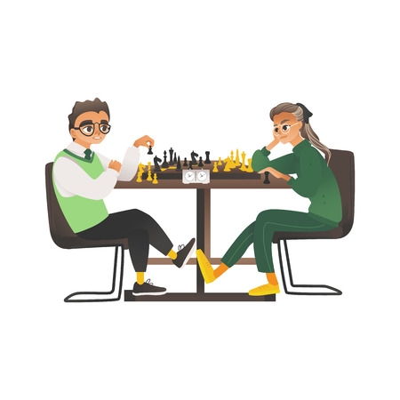 Children, a boy and a girl with glasses sit opposite each other and play chess. Intellectual hobby of children and teenagers. Isolated vector illustration on white background in flat cartoon style.のイラスト素材