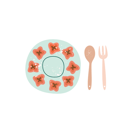 Ceramic plate and wooden spoon and fork flat cartoon style, vector illustration isolated on white background. Empty crockery or porcelain dish and flatware, rustic pottery tablewareのイラスト素材