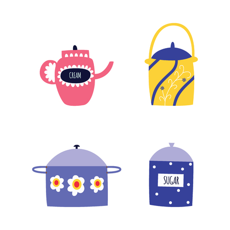 Set of cooking utensils and tableware in flat cartoon style, vector illustration isolated on white background. Collection of decorated pot and sugar bowl and creamer or teapot and saucepanのイラスト素材