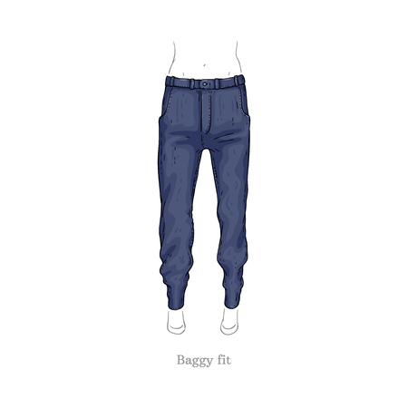 Vector baggy fit style blue jeans. Denim female pants sketch icon. Casual fashion trousers, trendy garment for women. Urban fabric apparel, fashionable blue clothing. Isolated illustrationのイラスト素材