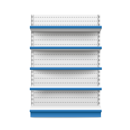 Empty retail booth stand wide white and blue mockup isolated on white background. Supermarket product advertising blank and POS display mockup front view vector illustration.のイラスト素材
