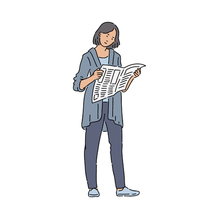 Urban woman reading newspaper interested in world global problems and news. Ordinary modern girl in casual look holding newspaper cartoon sketch vector illustration isolated on white.のイラスト素材