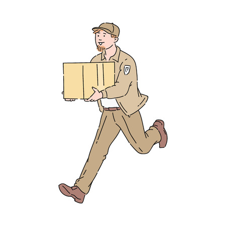 Delivery man or running courier with cardboard package vector cartoon illustration isolated on white background. Hurrying man with a box in hand express shipping icon.のイラスト素材