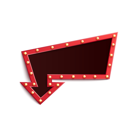 Retro red frame in form of arrow with shining light bulbs in realistic style isolated on white background - vector illustration template of blank glowing signboard with lamps.のイラスト素材