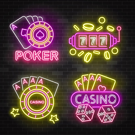 Set of casino neon illuminated signboards, vector illustration isolated on black brick wall background. Bright luminous signs, night light banners or logos for casino and poker gameのイラスト素材