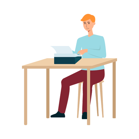 A red haired man writer in pants and a sweater is typing on a typewriter at the table. Creative profession and hobby, isolated vector flat illustration.のイラスト素材