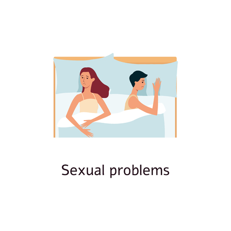 Couple lying in bed with sexual problems cartoon style, vector illustration isolated on white background. Lack of sex as diabetic disease symptom, man and woman don't make loveのイラスト素材