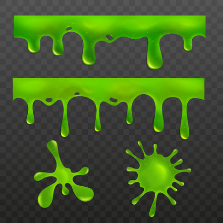 Green dripping slime drops and blob shapes, gooey textured decorations and frames, messy splatter of ooze and paint. Isolated vector illustrations.のイラスト素材