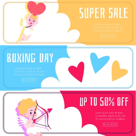 Banner with discounts and sales with angels and cupids. Romantic banner set with angels, cupids and amur in flat cartoon style, vector illustration.のイラスト素材