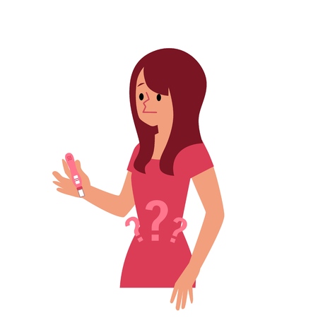 Doubting woman having problems with fertility holding the pregnancy test vector flat illustration isolated on white background. Concept of childbearing and infertility.のイラスト素材