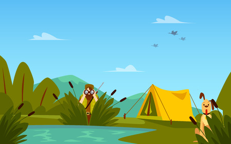 Banner On The Theme Of Hunting With Hunter Characters And Tent