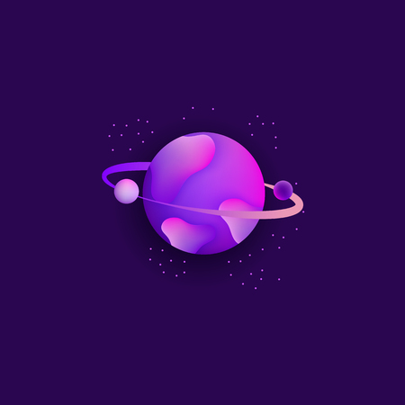 Planet in space with asteroids and star dust for a galaxy or universe astronomy design flat vector illustration on cosmos blue background . Science fiction or fantasy icon.のイラスト素材