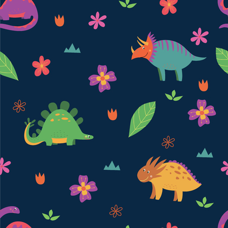 Childish adorable seamless pattern with hand drawn dinosaurs and flowers in scandinavian style vector illustration isolated on white background. Creative textile decor.のイラスト素材