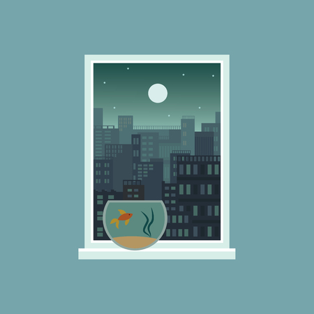 Green ominous city at night with full moon, window view of modern urban architecture with fish tank on windowsill, dark sky with stars in rectangle frame, flat cartoon vector illustrationのイラスト素材