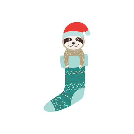 Christmas sloth in Santa hat hanging in festive stocking, cute animal during winter holiday. Happy smiling baby mammal drawing in cartoon style, isolated vector illustration on white backgroundのイラスト素材