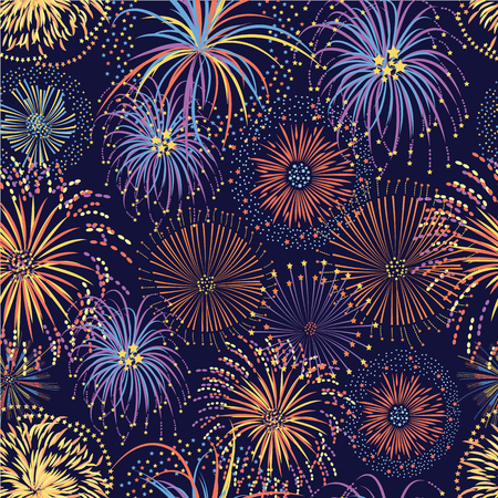 Fireworks seamless pattern with bright stars and colorful explosions, party celebration background on night sky, colorful hand drawn cartoon style vector illustration for festival or holiday eventのイラスト素材